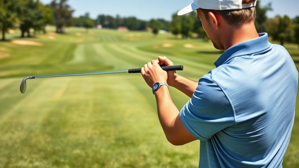 Professional golfer demonstrating proper grip and setup position at address on lush golf course fairway with clear sunny conditions