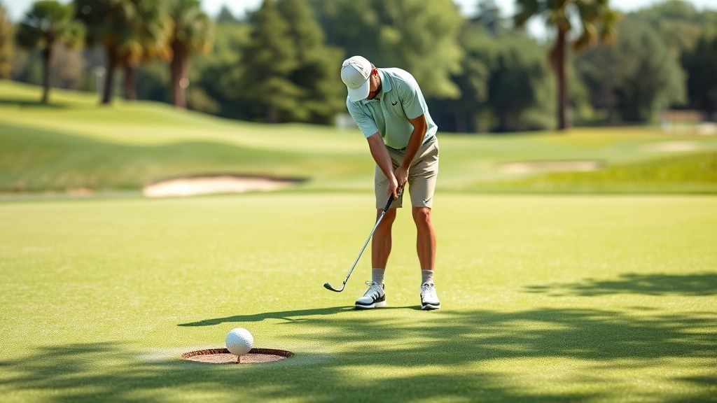 Golfer chipping near green with focused concentration, showing short game technique with proper posture and club positioning
