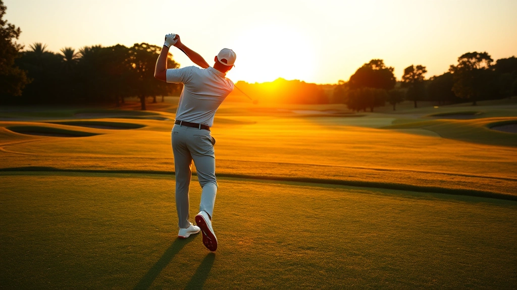 Professional golfer mid-swing at sunset on pristine golf course, athletic motion captured in golden hour light, perfectly manicured fairway visible