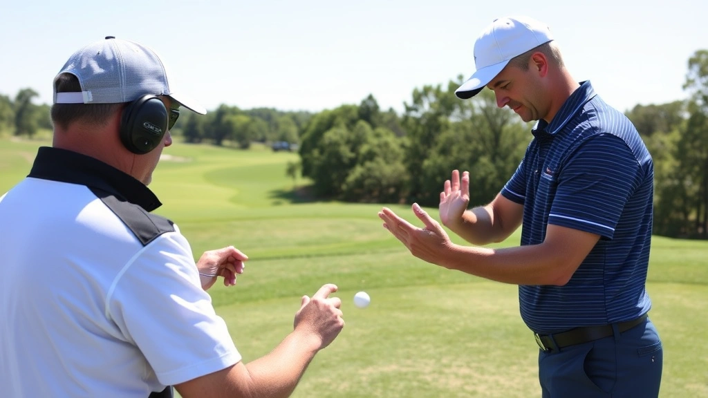 Golf instructor demonstrating proper grip and stance fundamentals to student golfer on practice range, clear instruction moment with focus on hand positioning