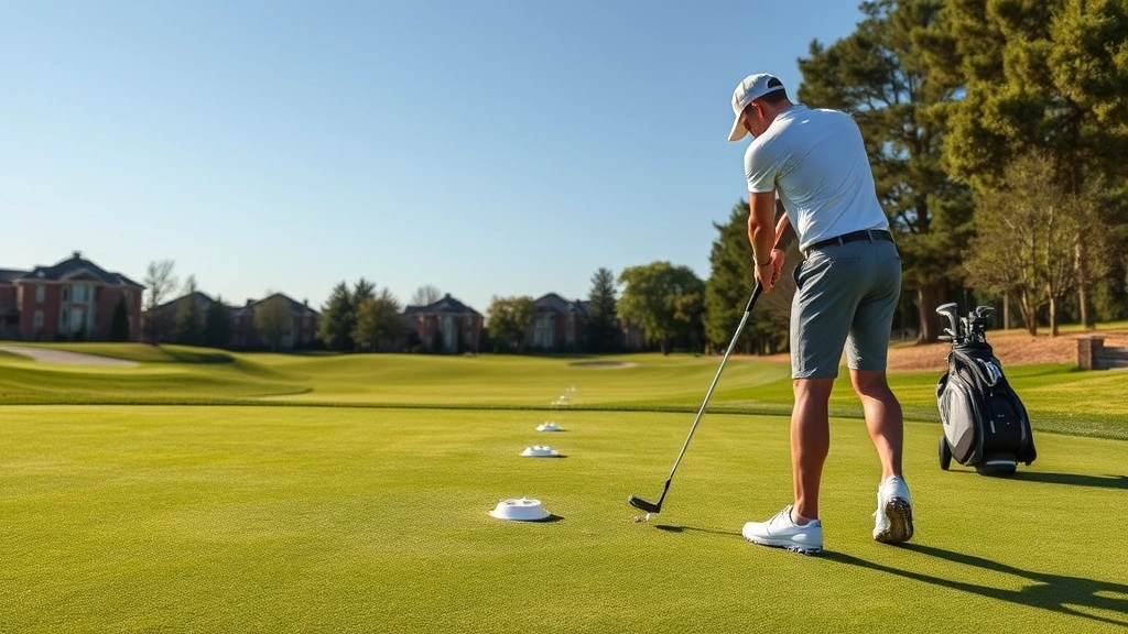 Golfer practicing short game shots on practice green with multiple targets visible, concentrated form showing deliberate practice technique in afternoon sunlight