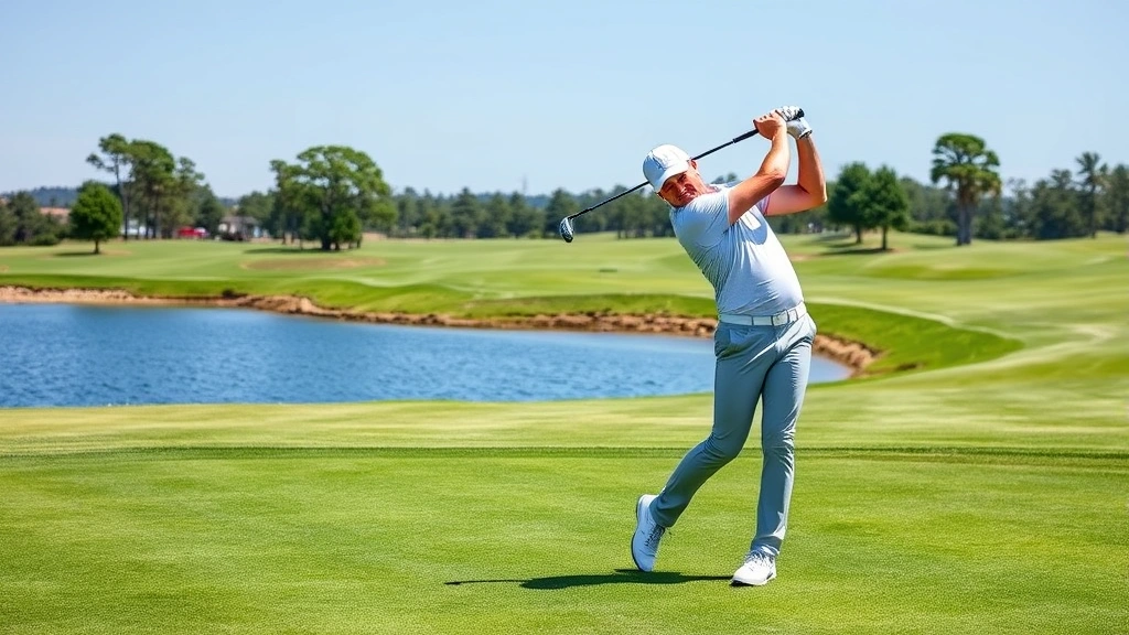 Professional golfer executing perfect swing at scenic golf course with water hazard visible, clear sunny day, athletic form captured mid-swing, green fairway background