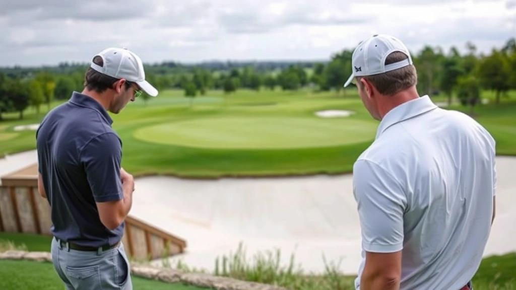 Golfer analyzing approach shot on elevated green, studying terrain and pin position, professional coaching setting, concentration and focus evident in posture