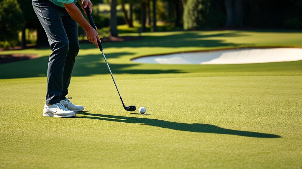 Golfer executing short game chip shot around green, precision technique demonstrated, manicured golf course green with bunker visible, skilled hand position