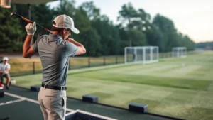 Golfer practicing swing mechanics at driving range with golf balls and targets visible, focused concentration on form and technique execution