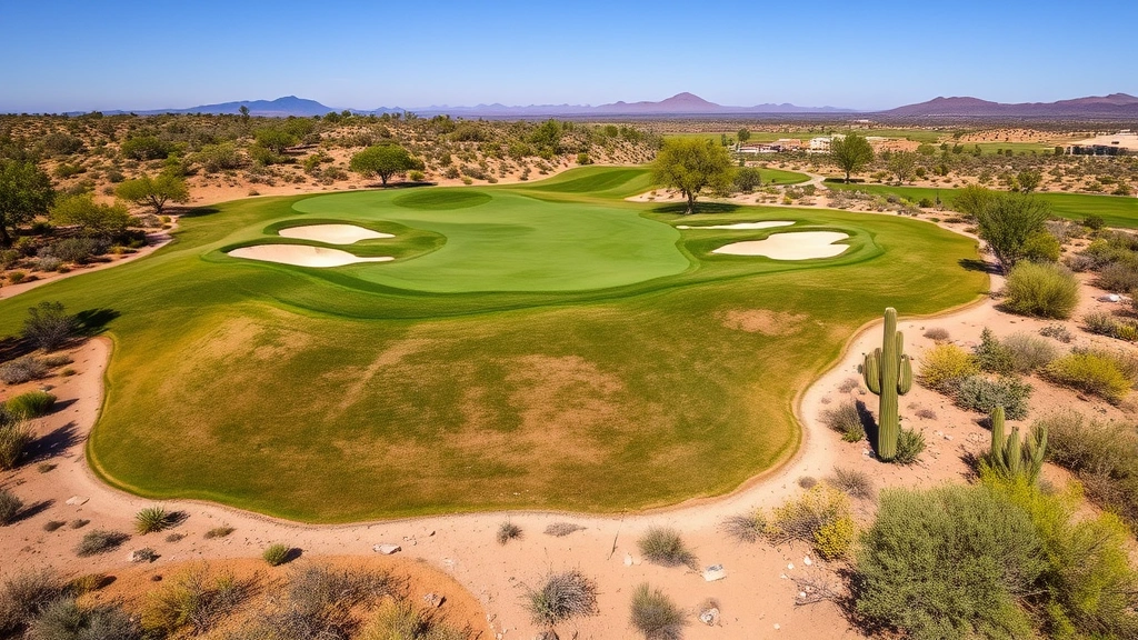 Aerial view of lush fairway with strategic bunkers and native desert vegetation framing the hole, clear Arizona sky