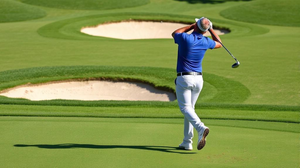 Golfer executing a precise iron shot on manicured fairway with sand bunker visible in background, demonstrating proper form and concentration