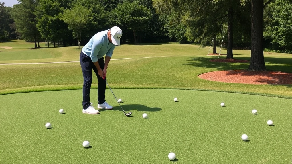 Golfer practicing short game shots around green with multiple balls arranged for chipping practice, showing deliberate skill development work