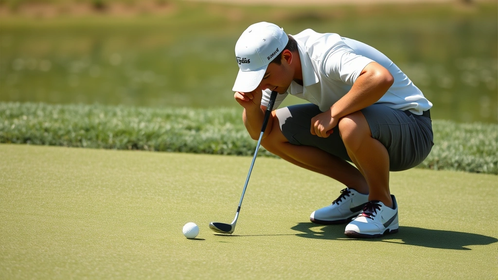 Golfer reading green contours while crouched near putting surface, analyzing slope and break with focused attention in natural daylight