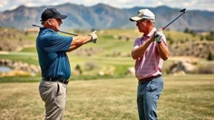 Professional golf coach demonstrating proper swing mechanics to an adult student on a sunny practice range, with rolling Utah landscape visible in background, showing detailed hand position and body alignment