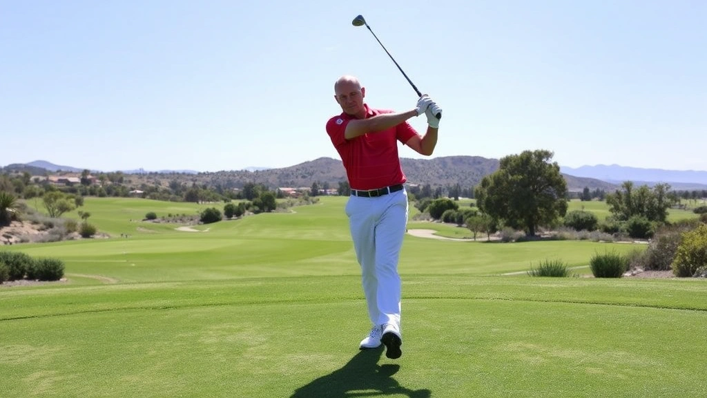 A golfer mid-swing at a golf course with beautiful landscaping, clear blue sky, and manicured fairways in the background, demonstrating proper swing posture and technique