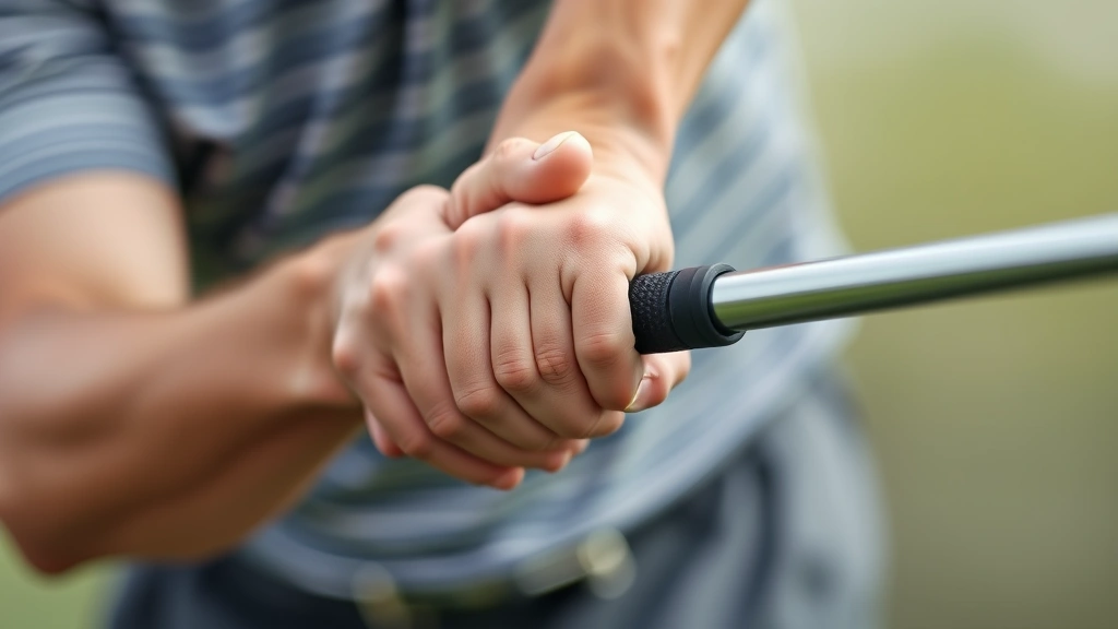 Close-up of a golfer's hands gripping a golf club, showing proper grip technique with focused concentration during pre-shot routine