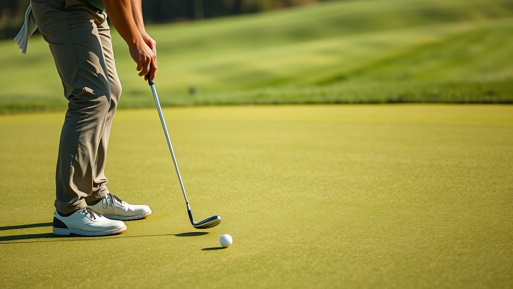 A golfer standing on the green reading the putt with intense focus, studying the slope and contours of the green surface in natural daylight