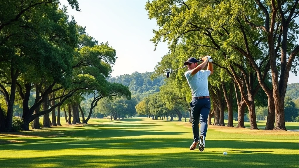 Professional golfer mid-swing on a lush fairway with mature trees lining the course, natural landscape background, bright daylight, photorealistic, no text