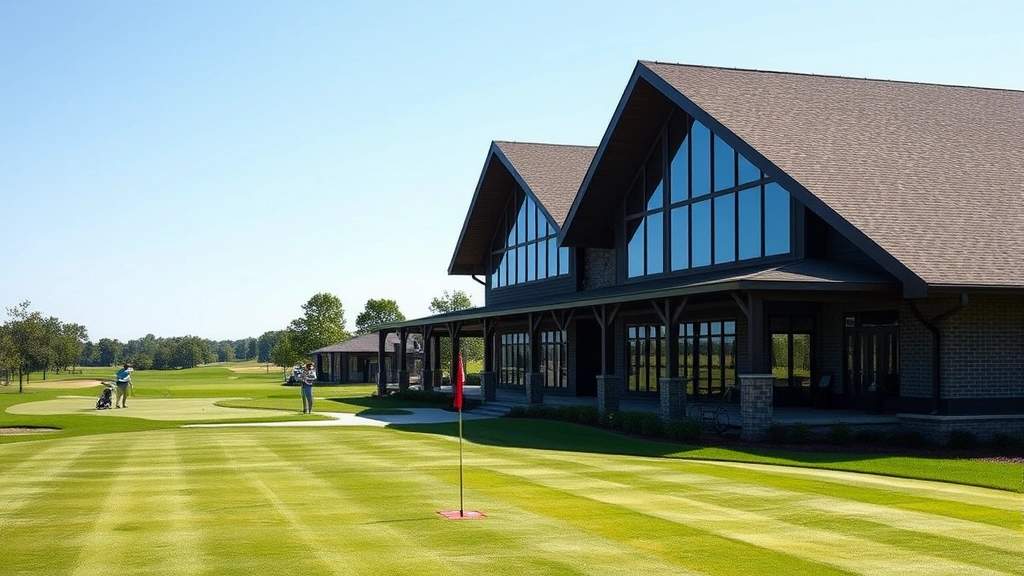 Modern clubhouse building with manicured golf course grounds, practice range with golfers in distance, clear sky, photorealistic professional photography, no signage text visible