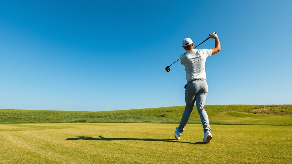 Golfer mid-swing on well-maintained fairway with clear blue sky, wearing polo shirt and cap, professional stance captured mid-motion