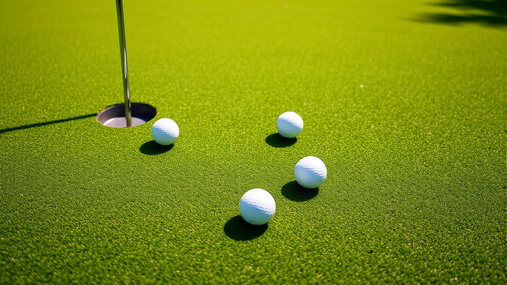 Putting green with multiple golf balls and cup visible, manicured grass texture, natural daylight creating shadows on green surface