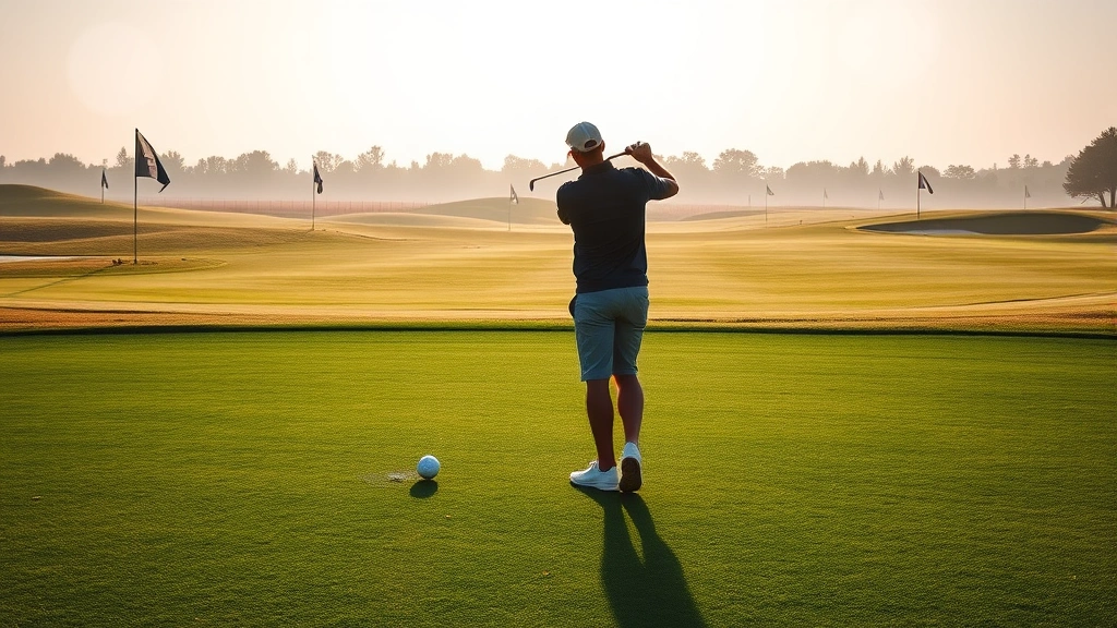 Practice range with golfer addressing ball at tee, multiple target flags in distance, morning light creating long shadows