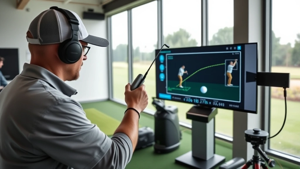 Professional golf instructor analyzing golfer's swing mechanics with launch monitor technology in modern indoor training facility, capturing data on screen showing ball flight trajectory and swing analysis