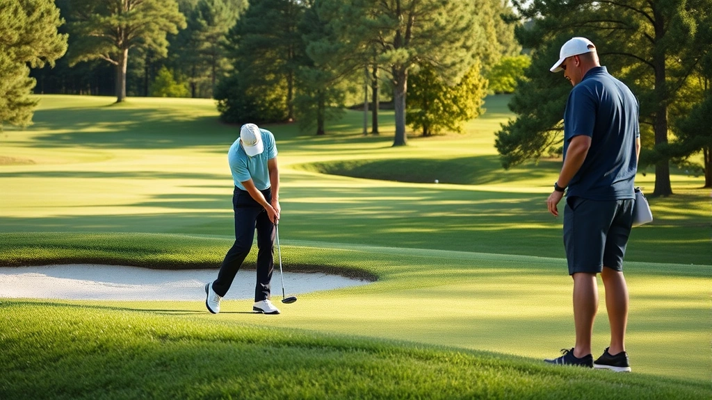 Golfer practicing chip shots from rough terrain near bunker with instructor observing form, lush green fairway and trees visible in background, late afternoon sunlight
