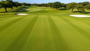 Beautifully manicured 18-hole championship golf course fairway with lush green grass, white sand bunkers strategically placed, mature trees lining the fairway, clear blue Texas sky, professional course maintenance visible