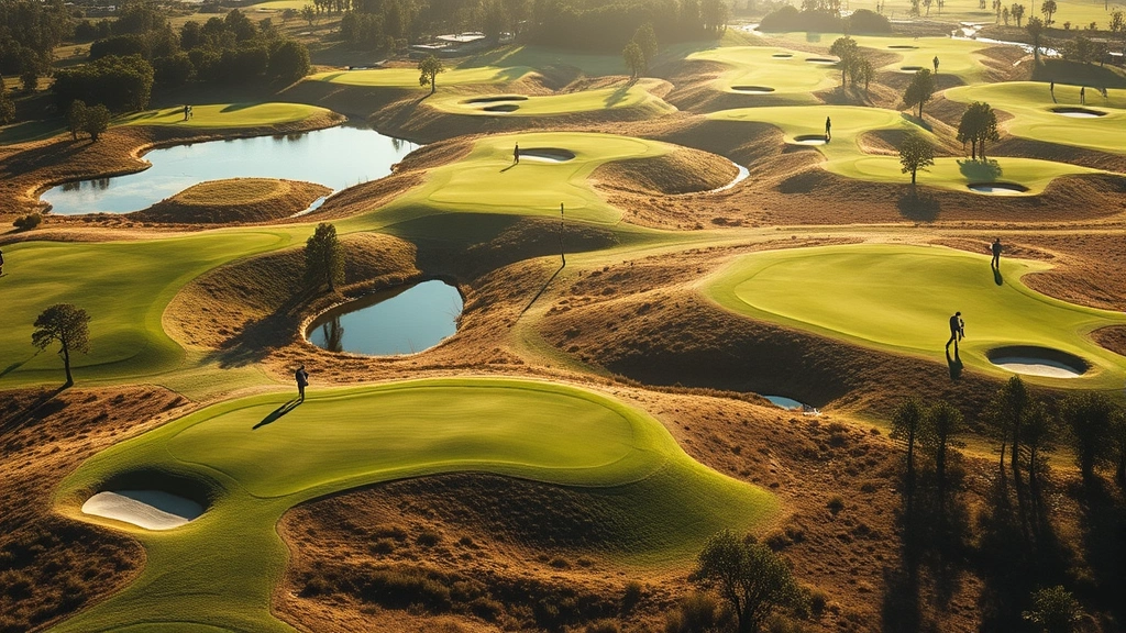 Elevated view of golf course landscape showing multiple holes with varied terrain, water features reflecting sunlight, golfers in distance on fairway, natural vegetation and trees throughout course design