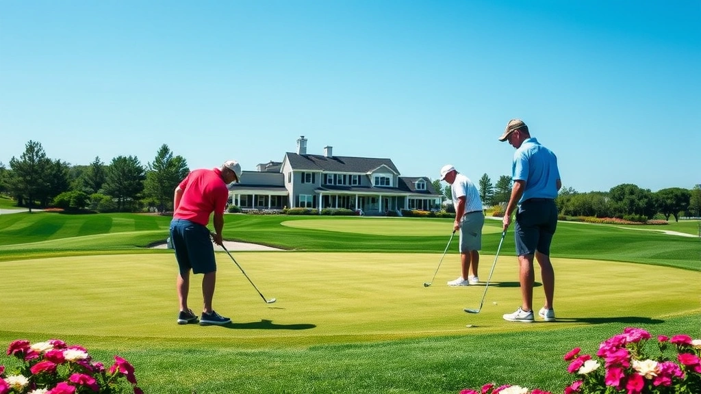 Golfers on putting green concentrating on their putts, clubhouse structure visible in background, landscaped grounds with flowering plants, clear sunny weather, professional golf environment