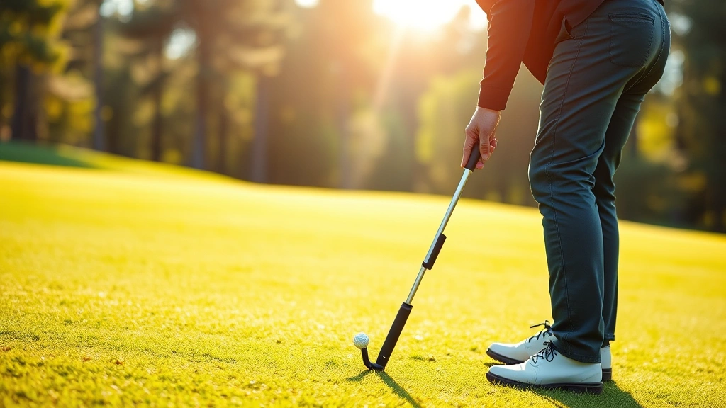 Professional golf course superintendent inspecting vibrant green fairway with measurement tools, morning sunlight, lush turf health