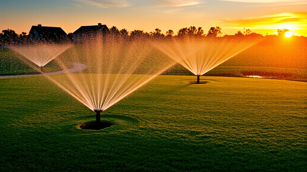 Modern irrigation system sprinklers watering golf course greens at sunset, water droplets visible, pristine maintained landscape
