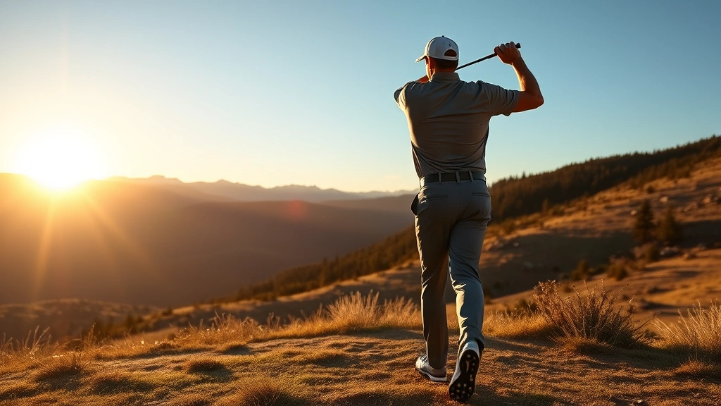 Professional golfer mid-backswing on elevated terrain at sunrise, showing proper shoulder and hip rotation mechanics, Colorado mountains background