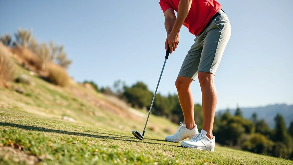 Golfer demonstrating proper stance and grip position on sloped terrain, athletic posture with correct hand placement, natural outdoor lighting