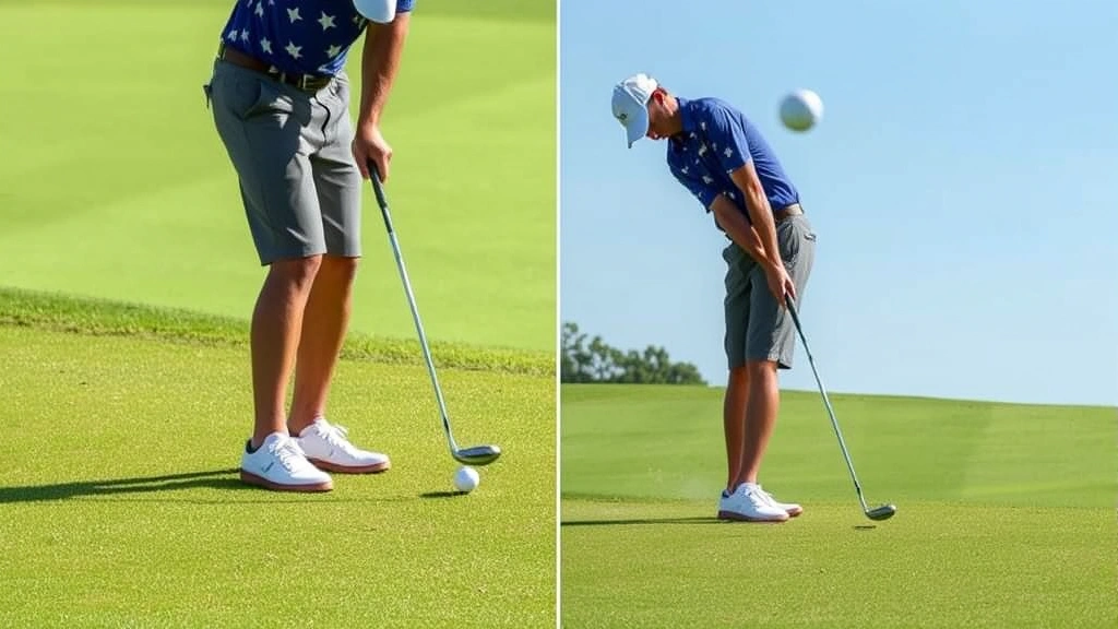 Golfer executing downhill chip shot on undulating green with focus and concentration, showing proper body positioning for terrain adjustment
