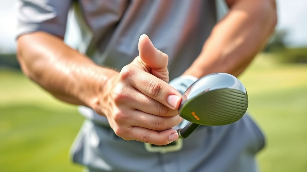 Professional golfer demonstrating proper grip position on golf club, close-up of hands holding driver, outdoor golf course background, natural daylight, clear hand positioning showing finger overlap