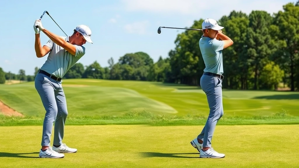 Golfer in athletic stance position at address ready to swing, side view showing proper posture and knee flex, on golf course fairway with grass and trees, demonstrating correct body alignment