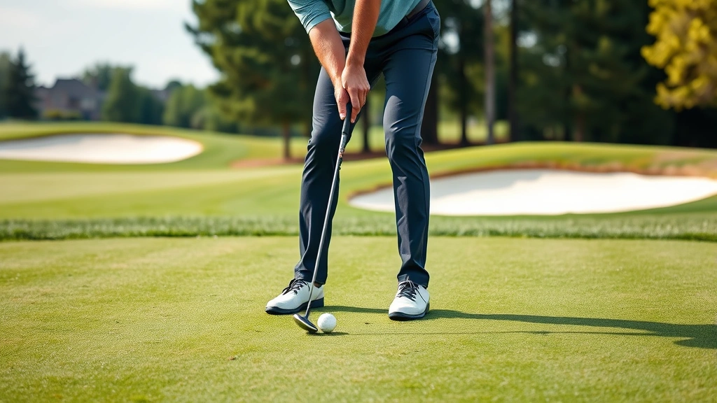 Golfer completing follow-through after striking ball, full body rotation toward target, on manicured golf course green with bunker visible, showing finished swing position and balance