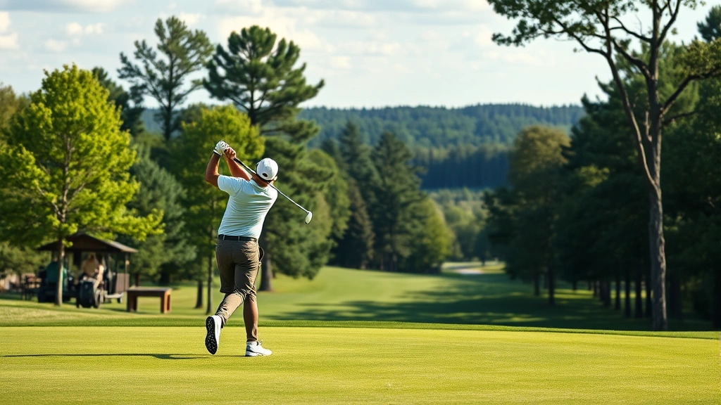 Professional golfer mid-swing on manicured fairway with trees framing the hole, Minnesota landscape background, natural lighting, photorealistic