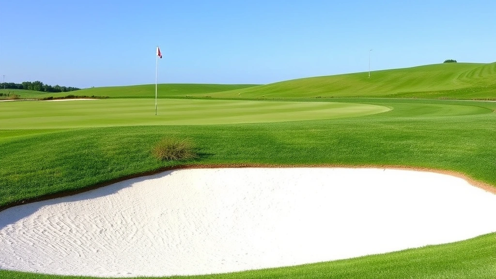 Well-maintained golf course bunker with pristine white sand, green grass fairway beyond, clear sky, professional course maintenance visible, no text or signage