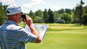Golfer analyzing course layout with yardage guide and binoculars on Thorncreek fairway, professional stance, natural daylight, realistic photography