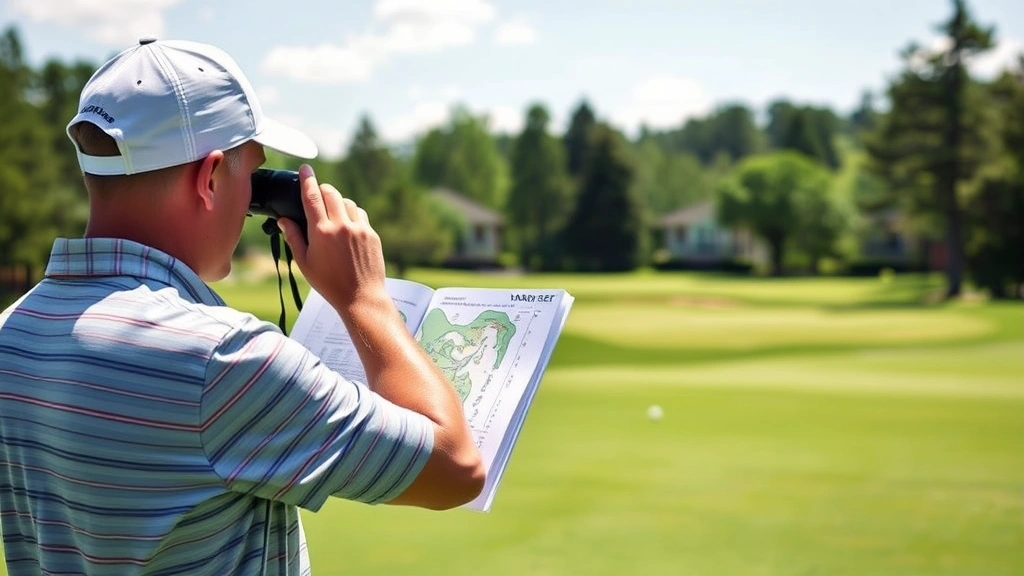 Golfer analyzing course layout with yardage guide and binoculars on Thorncreek fairway, professional stance, natural daylight, realistic photography