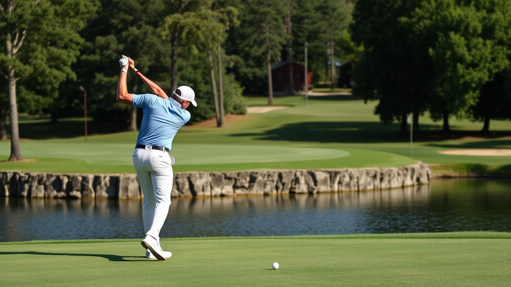 Golfer executing precise approach shot on challenging hole with water hazard, mid-swing form, professional technique demonstration, natural course environment