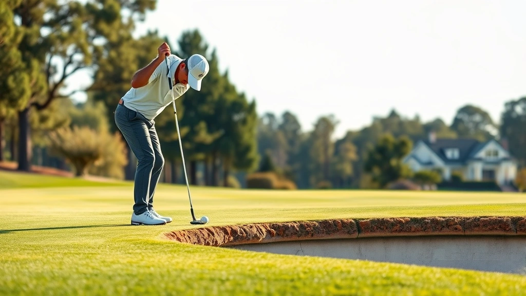 Golfer reading green and preparing putt on elevated putting surface, focused concentration, natural lighting, realistic golf course setting