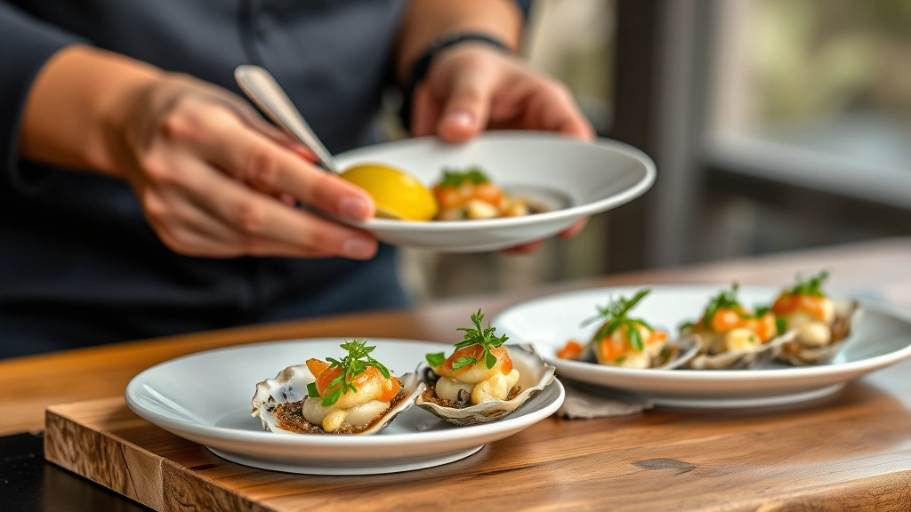 Professional plating of wattleseed-crusted native oysters and finger lime ceviche appetizers, vibrant colors, restaurant-quality presentation, natural Outback background