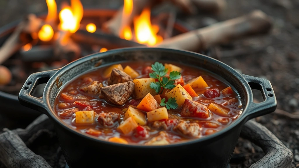 Slow-cooked kangaroo stew with native vegetables and bush tomato sauce in cast iron pot, steaming, rustic Outback camp setting, warm lighting