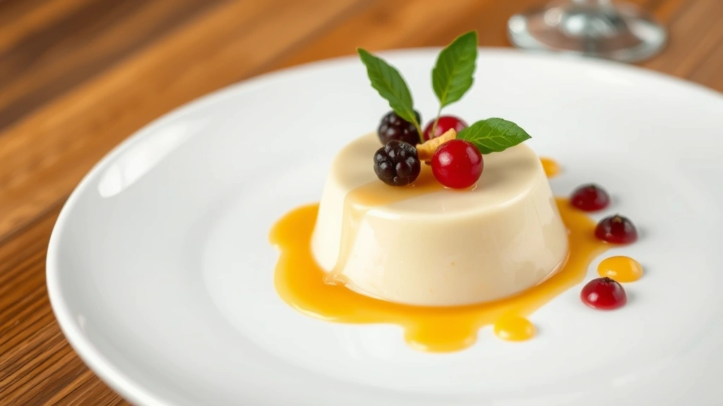 Elegant wattleseed pannacotta dessert with finger lime curd, native pepperberry tuile, and Davidson plum garnish on white plate, fine dining presentation