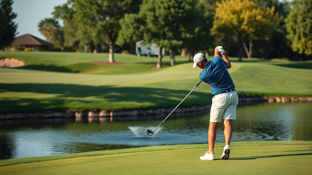Golfer executing precise iron shot over water hazard on manicured fairway with trees lining hole, demonstrating proper form and concentration