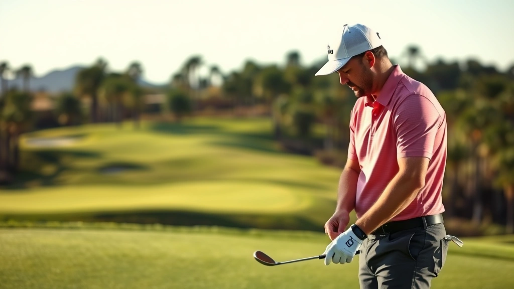 Professional golfer reading green with elevated terrain, studying slope and break patterns with focused attention, natural sunlight on course