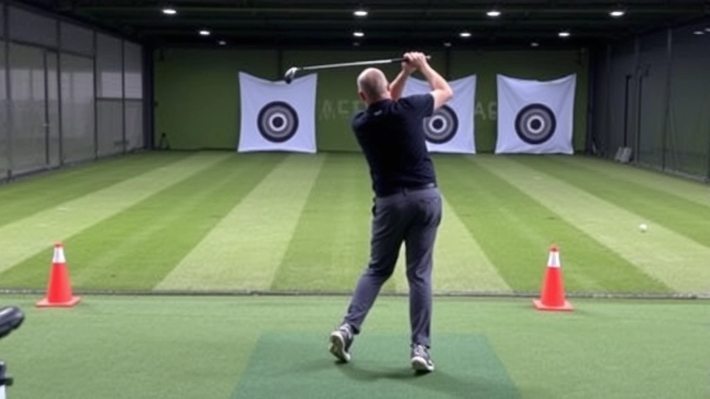 Practice range with golfer hitting wedge shots with multiple targets visible, showing deliberate training routine with cones and distance markers