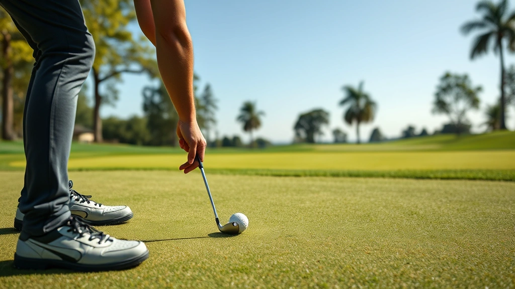 Golfer analyzing green break and reading putt with careful observation, studying topography from multiple angles on well-maintained putting surface at golf course