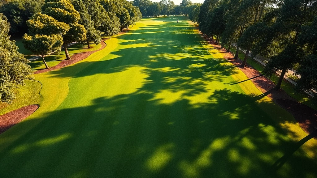 Overhead wide-angle view of manicured fairway lined with mature trees, golfer in distance preparing to hit, green visible ahead, professional tournament-quality conditioning, morning sunlight creating shadows across pristine grass