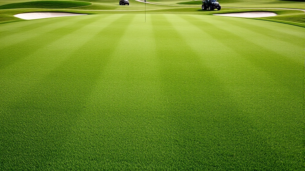 Detailed close-up of championship green with subtle contours and slope variations, several pin positions marked, pristine grass surface, professional maintenance equipment visible in distance, bunkers surrounding green complex